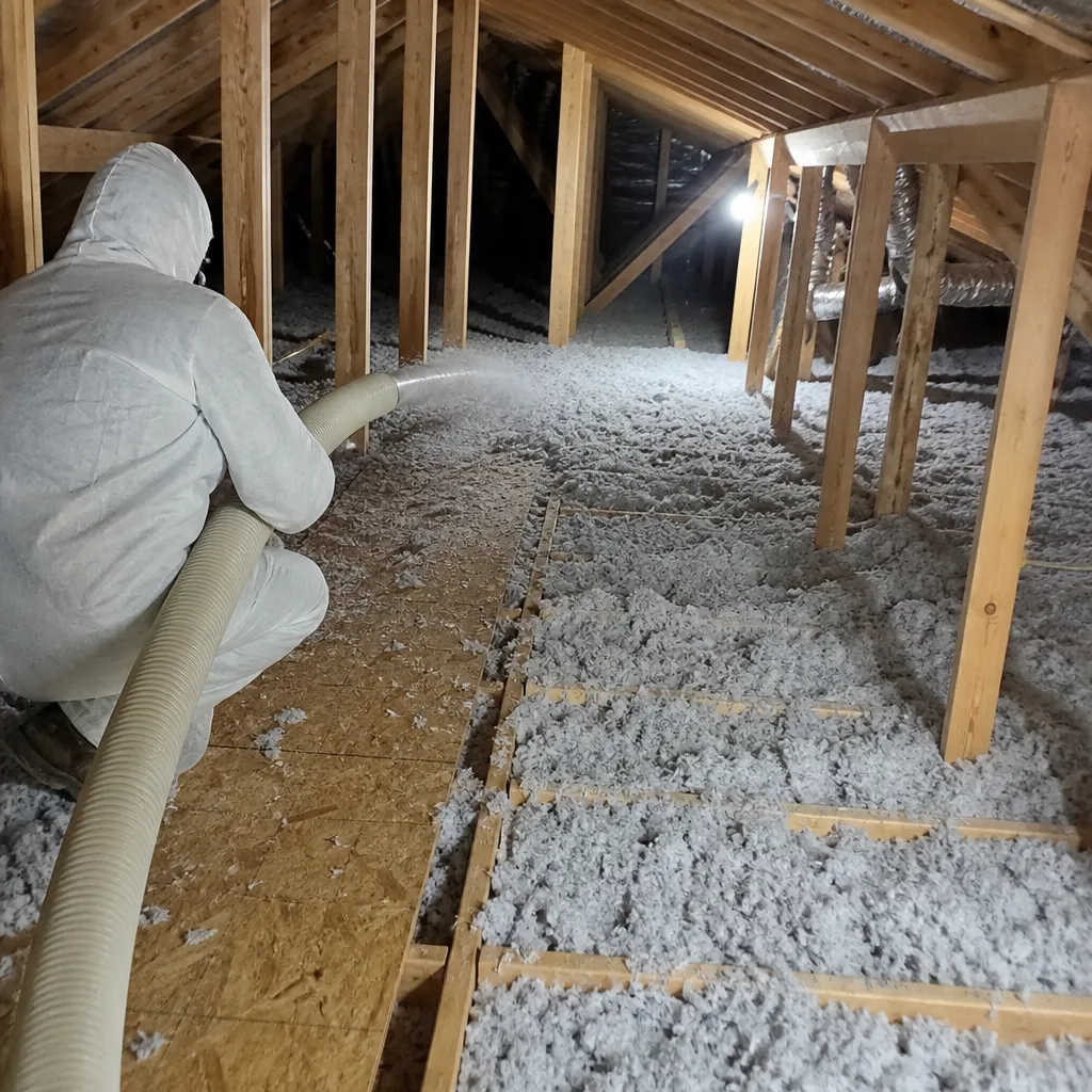 Professional blowing insulation into an attic for home energy efficiency