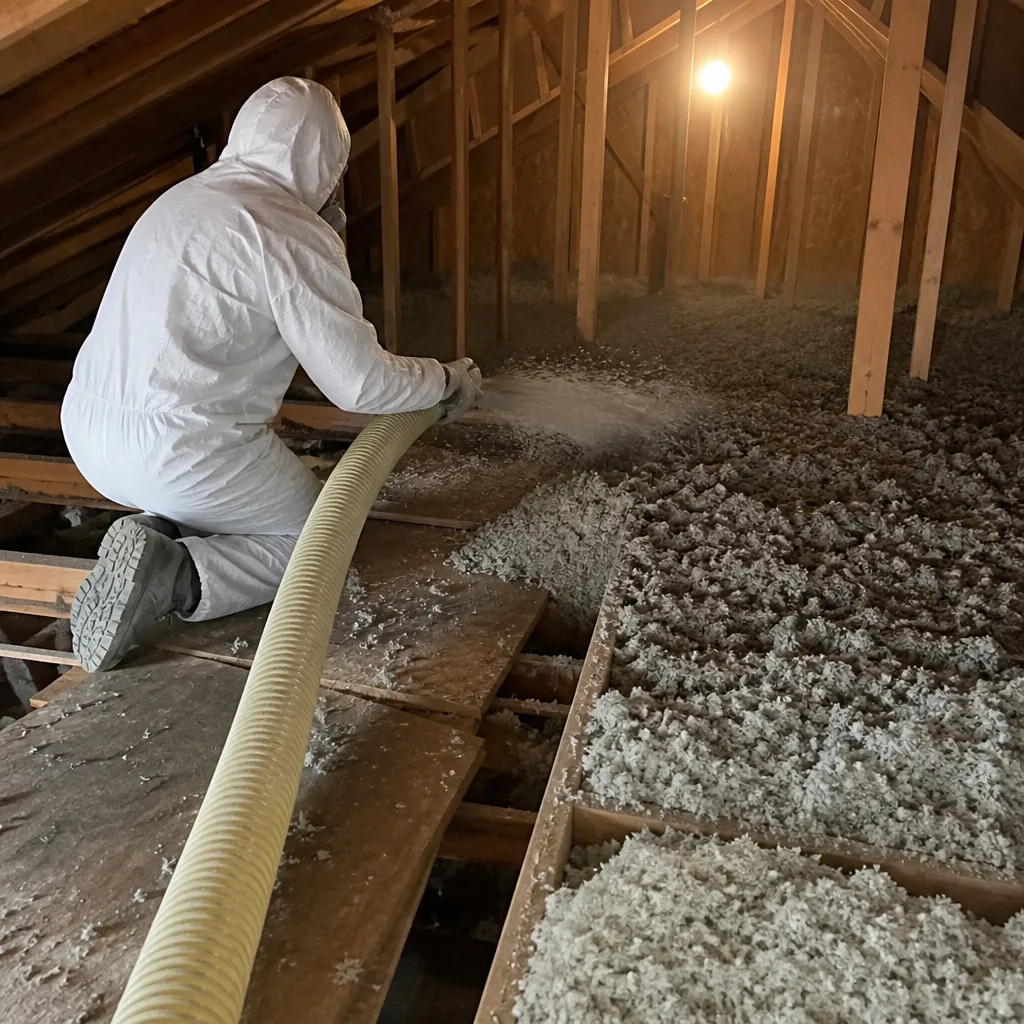 Professional contractor installing blown-in insulation in an attic