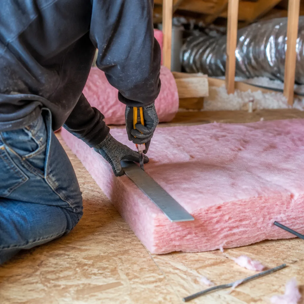 Professional contractor cutting pink fiberglass attic insulation batts with a utility knife