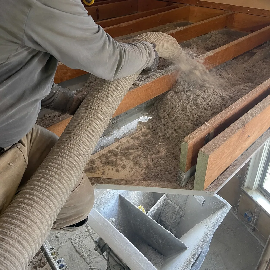 Technician installing blown-in cellulose insulation between attic floor joists