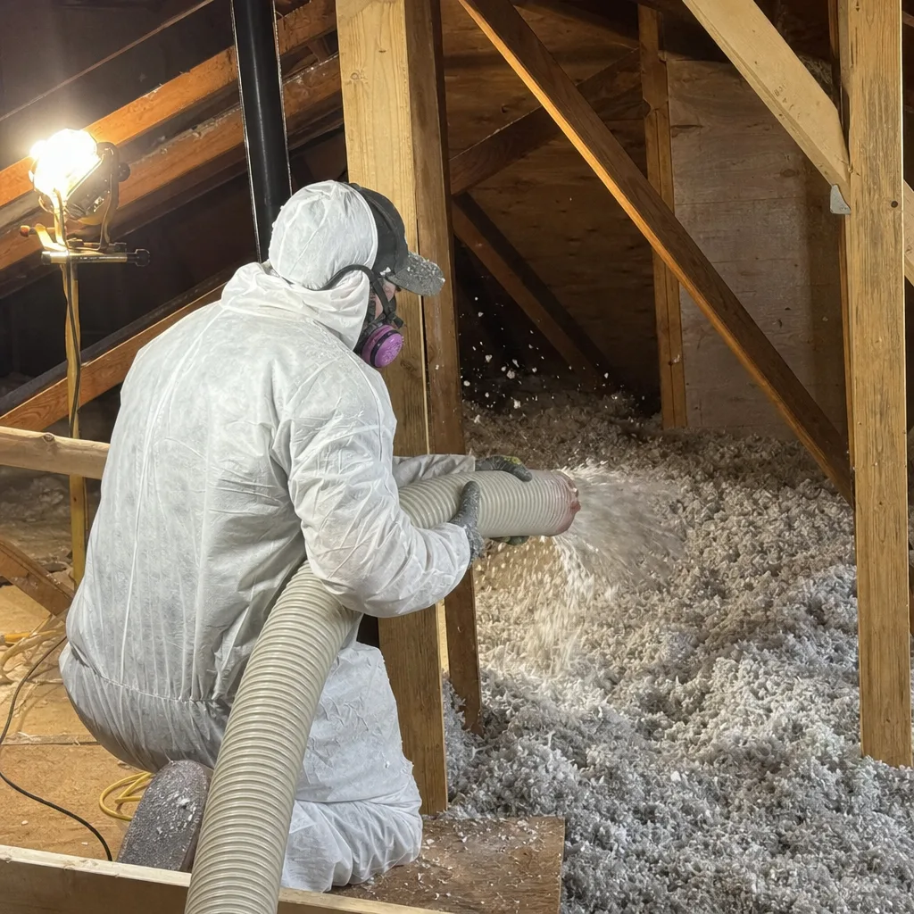 professional wearing protective suit performing attic insulation removal